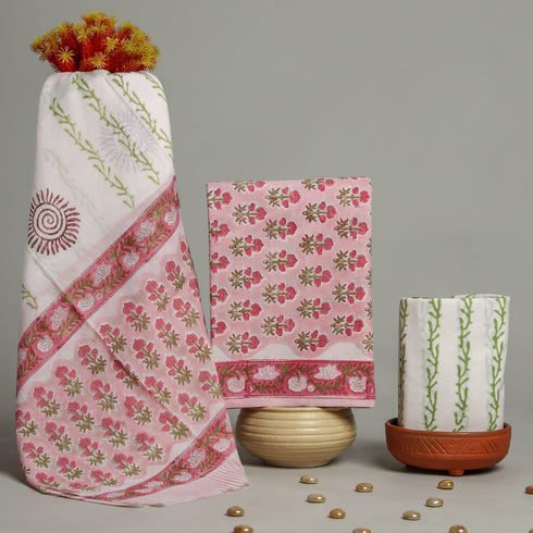 Floral Jaal Hand Block Print Cotton Suit Set with Mulmul Dupatta (PRMUL04)